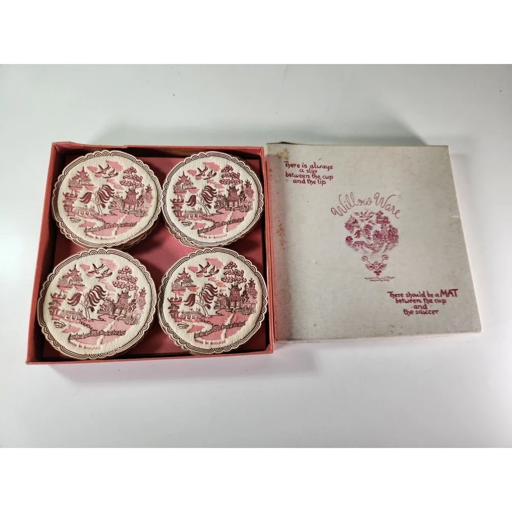 Vintage Freund Mayer Willow Ware Paper Saucermats Coasters Boxed Set of 26